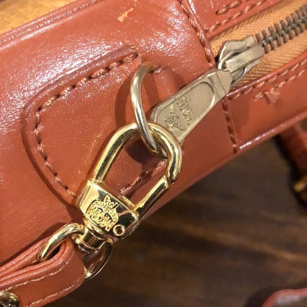 MCM Visetos Cognac Monogram Camera Messenger Bag Leather Lined Mirror EUC RARE
